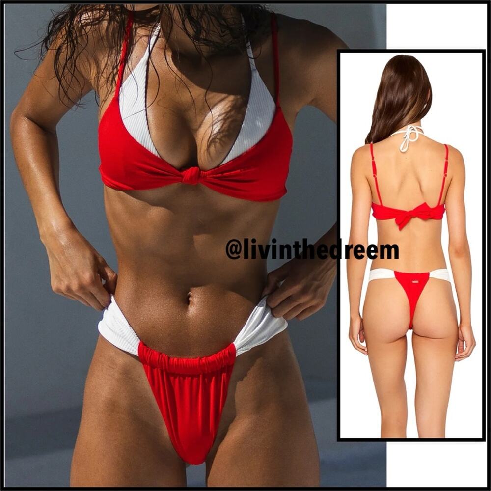 Beach Bunny Rumi Bralette Top & Tango Bottom Red / White $238